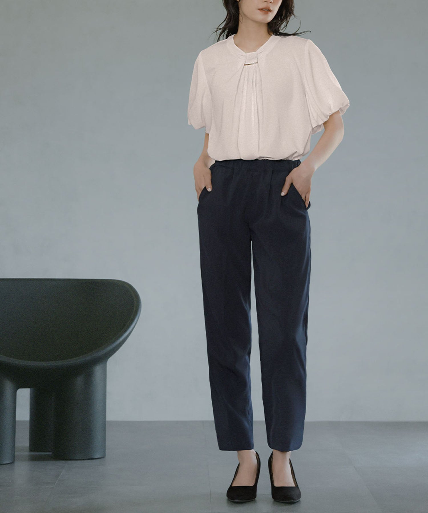 Flolia Puff Sleeve Bow Tie Style Business Blouse [Washable]