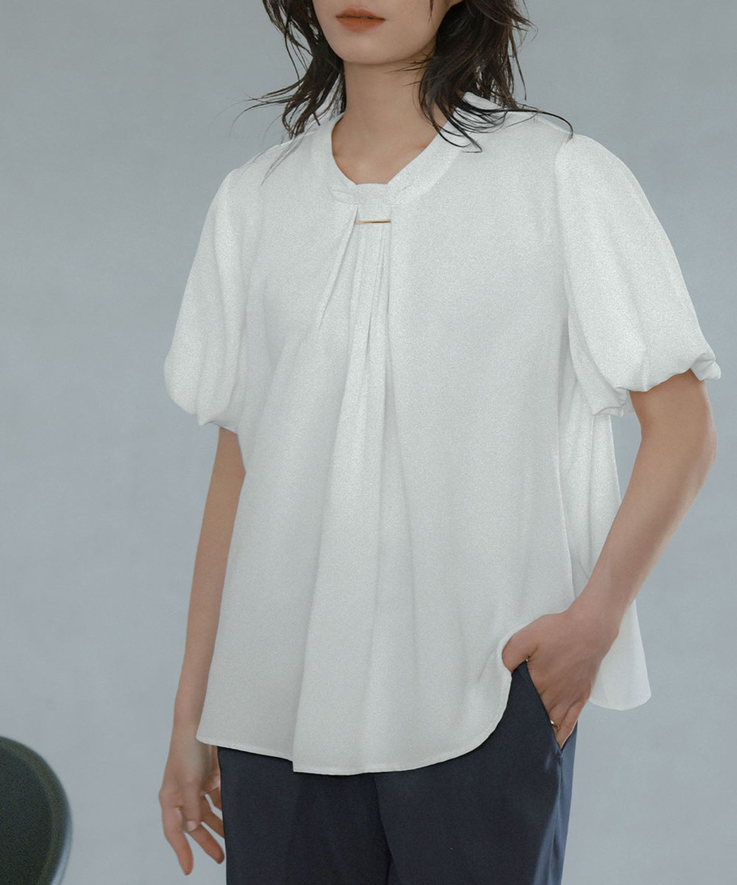 Flolia Puff Sleeve Bow Tie Style Business Blouse [Washable]