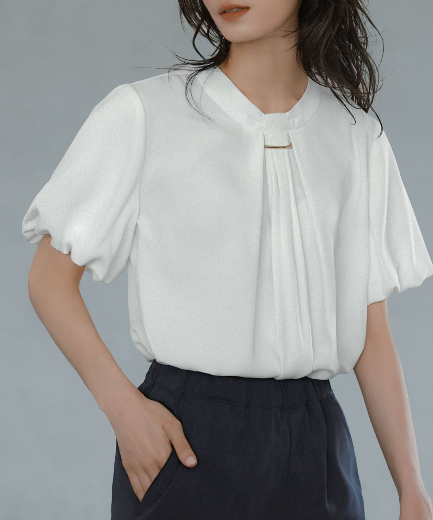 Flolia Puff Sleeve Bow Tie Style Business Blouse [Washable]