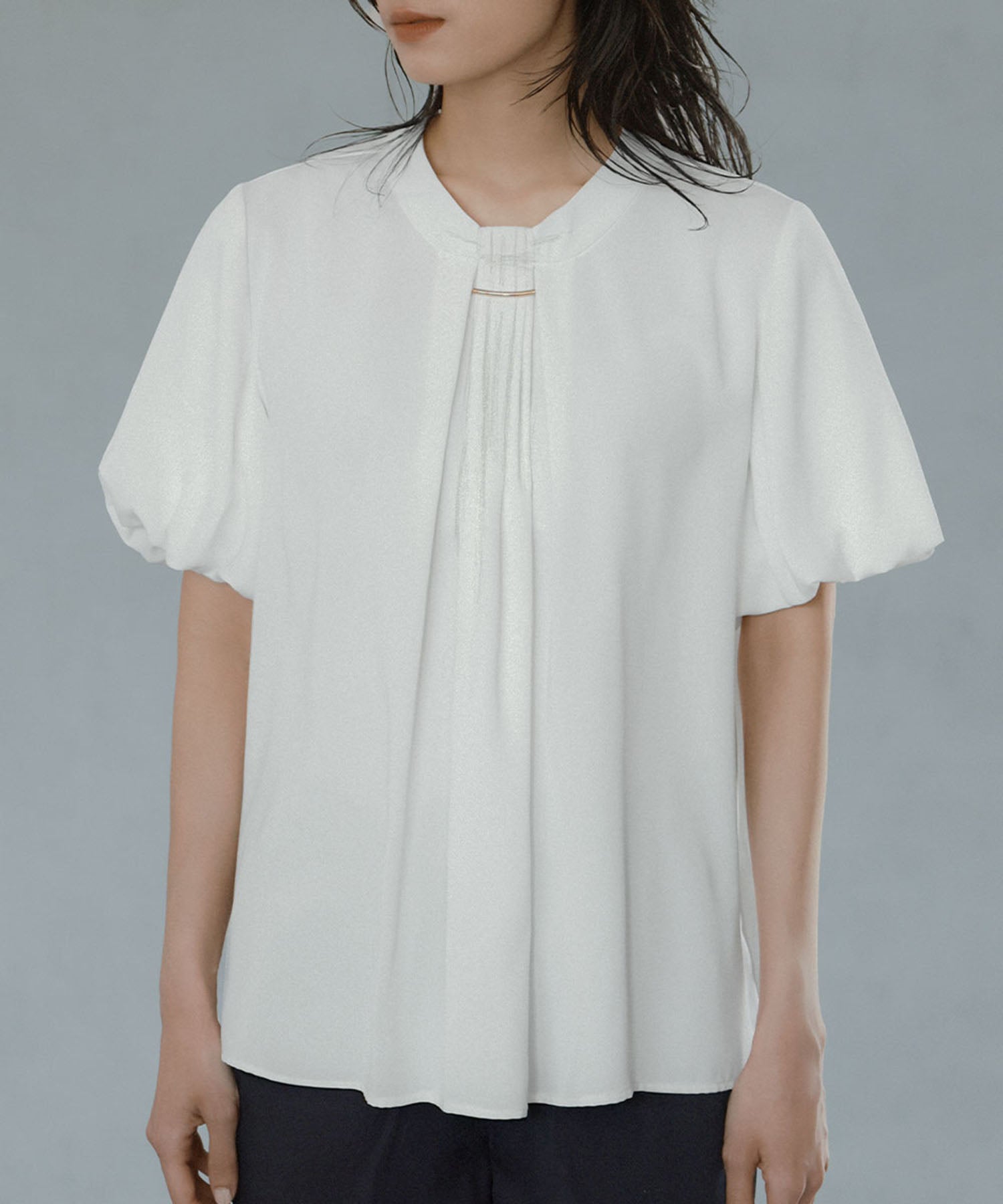 Flolia Puff Sleeve Bow Tie Style Business Blouse [Washable]