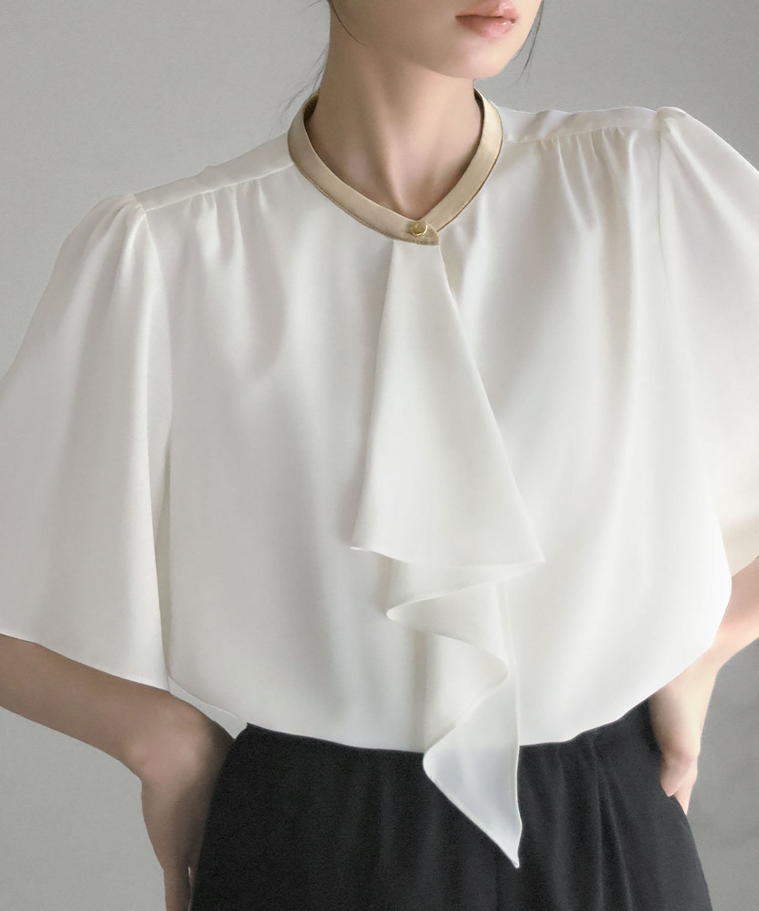 Flolia Bow Tie Flare Sleeve Bicolor Business Blouse [Washable]