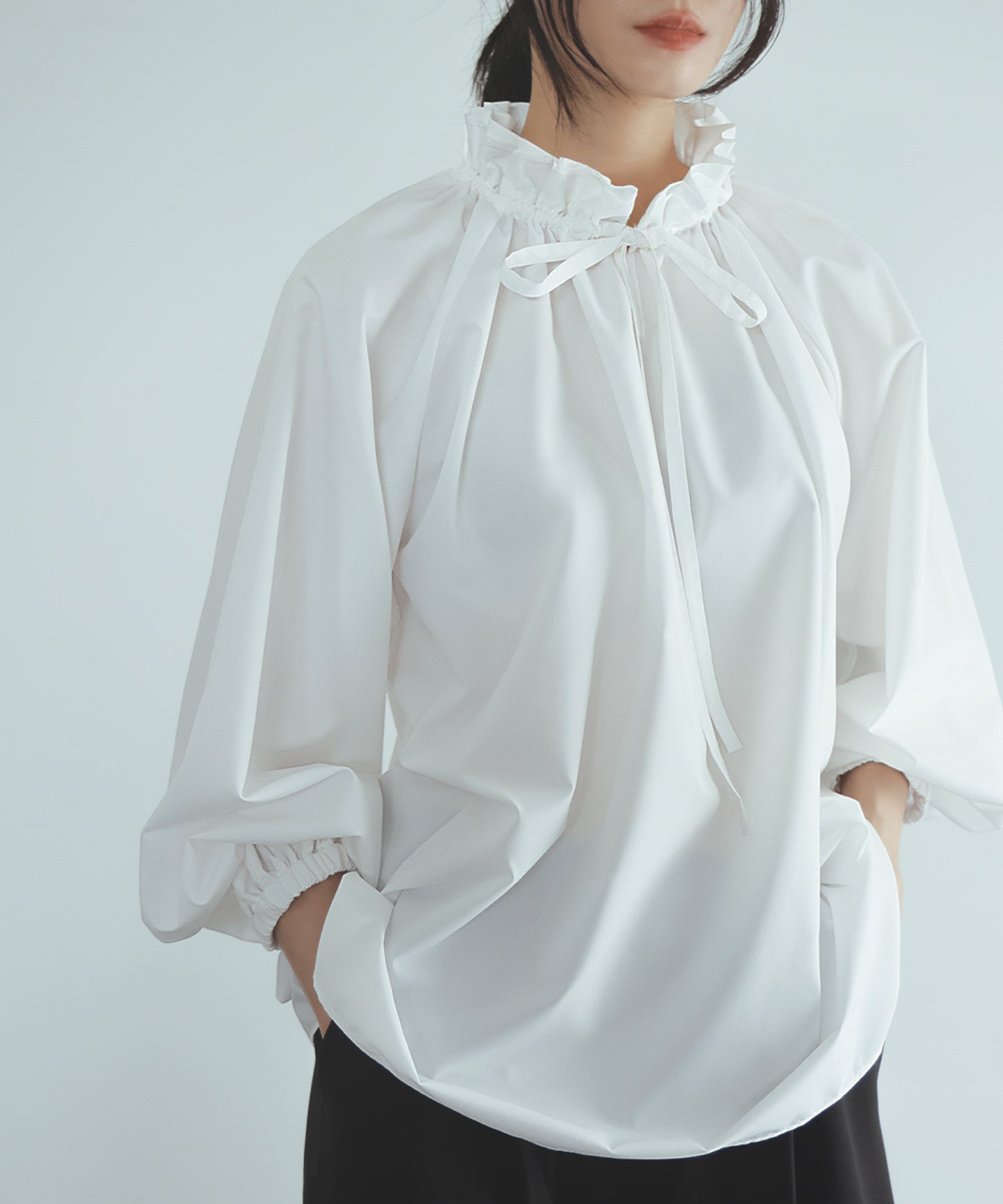 Flolia Frill Stand Collar Volume Sleeve Business Blouse [Washable]