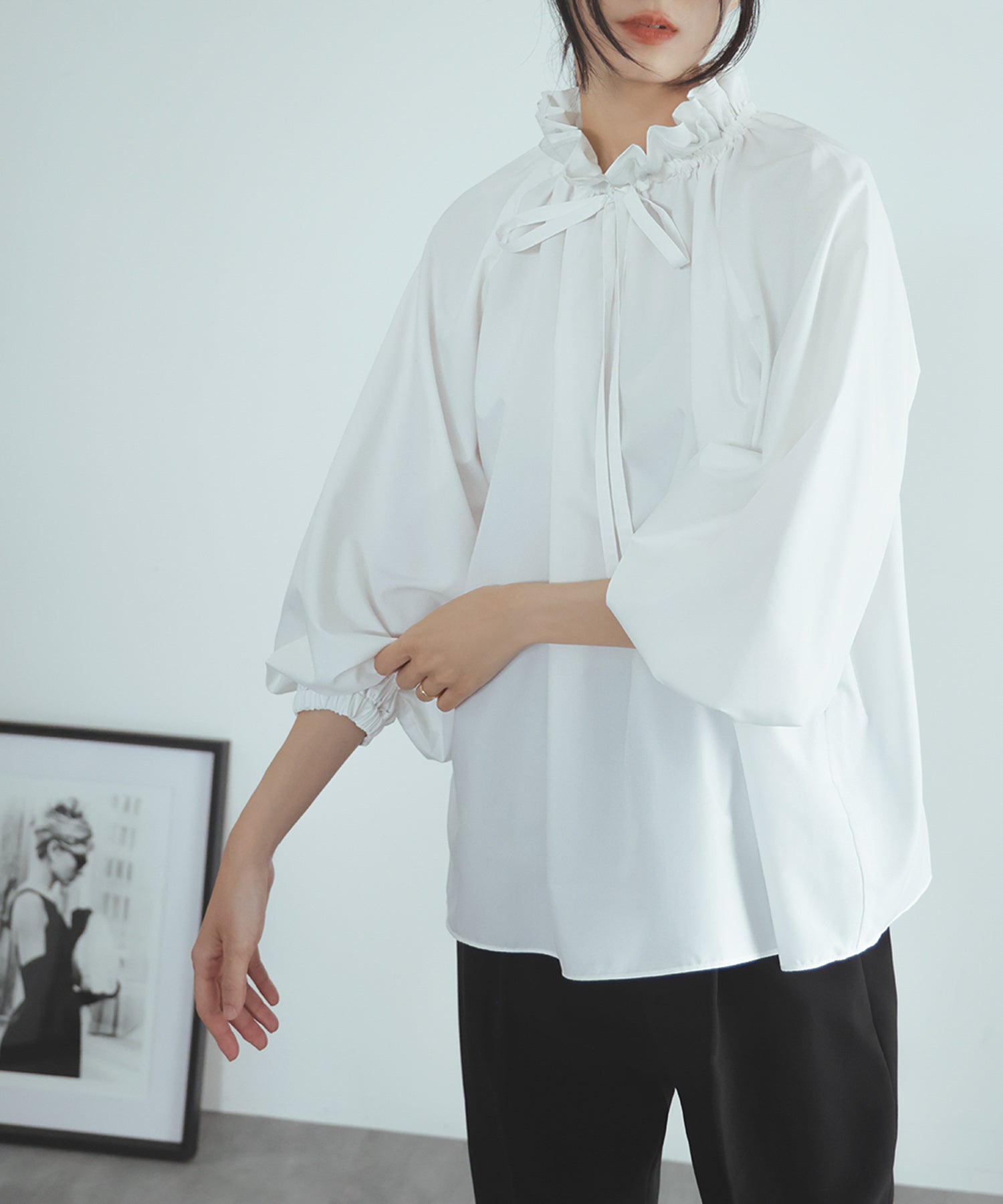 Flolia Frill Stand Collar Volume Sleeve Business Blouse [Washable]