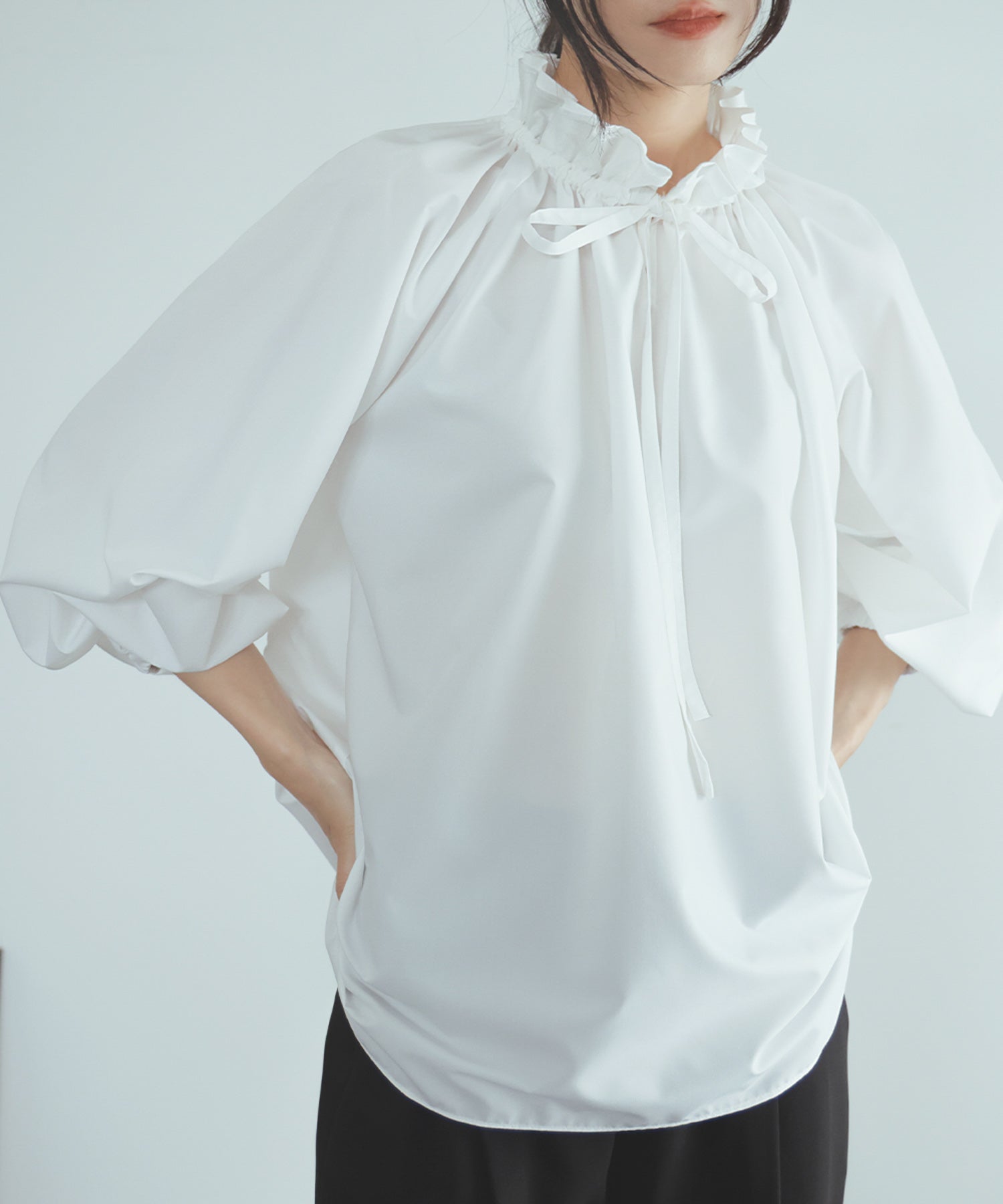 Flolia Frill Stand Collar Volume Sleeve Business Blouse [Washable]