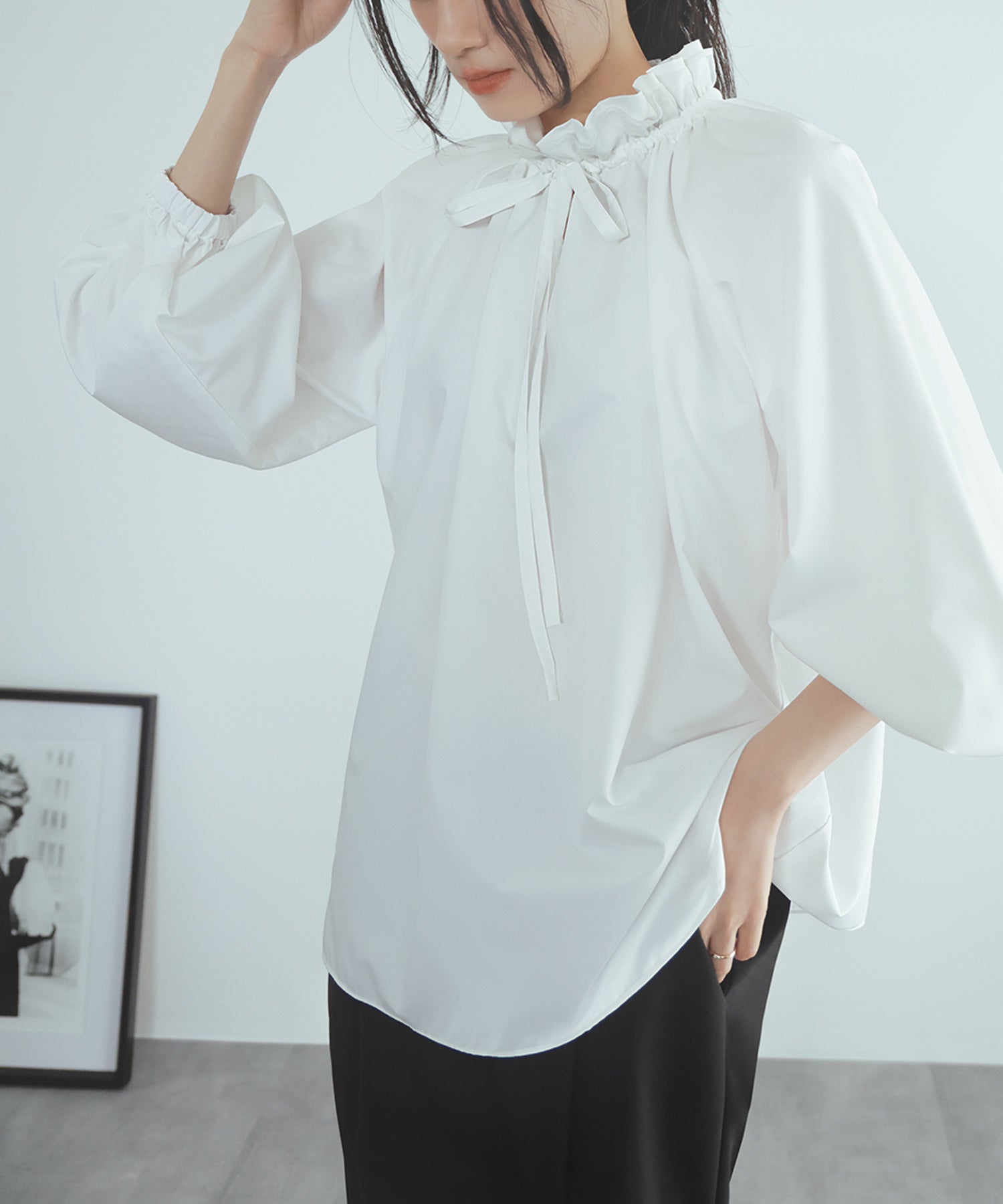 Flolia Frill Stand Collar Volume Sleeve Business Blouse [Washable]