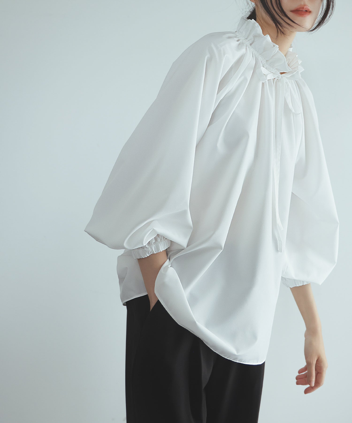 Flolia Frill Stand Collar Volume Sleeve Business Blouse [Washable]