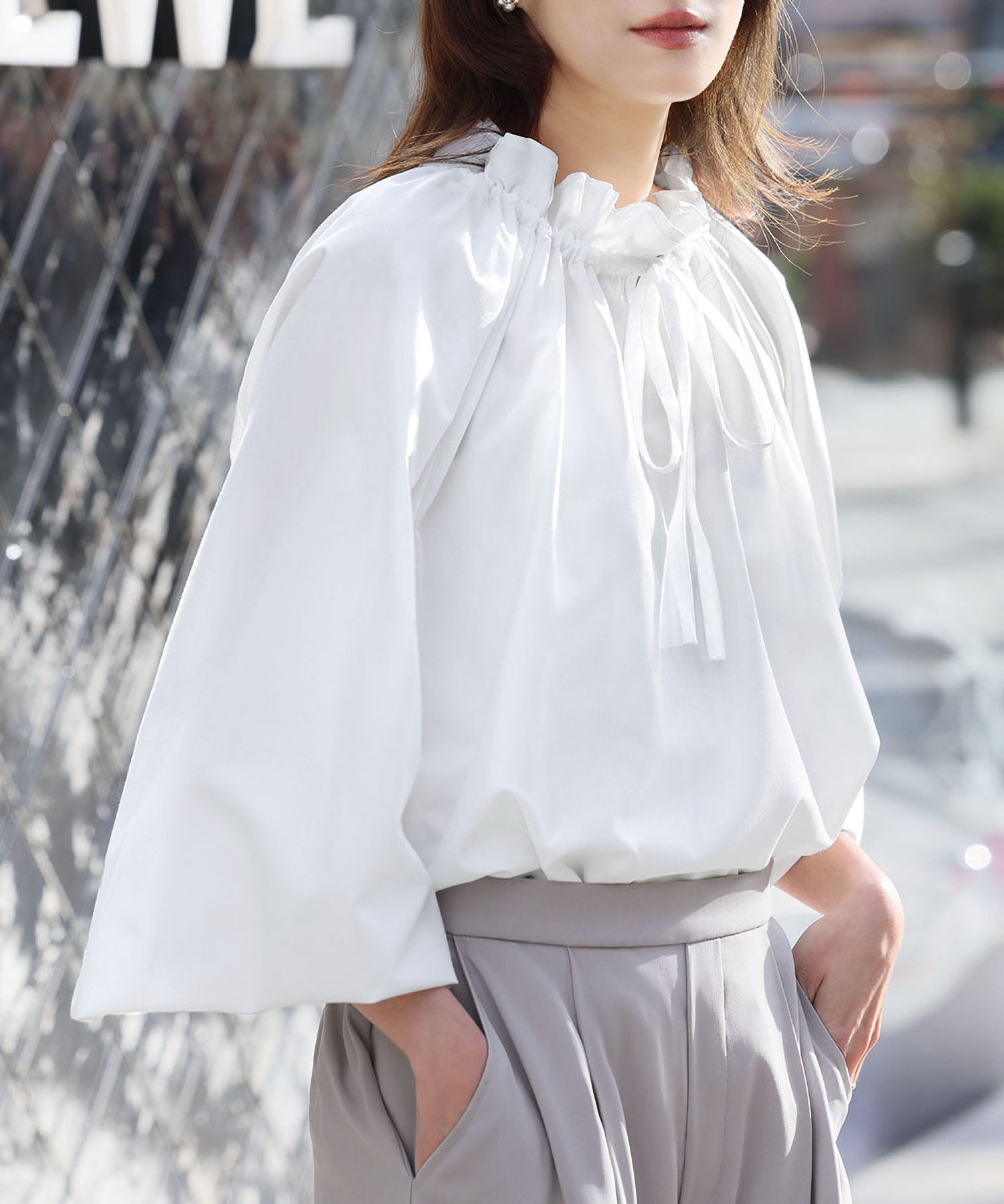 Flolia Frill Stand Collar Volume Sleeve Business Blouse [Washable]