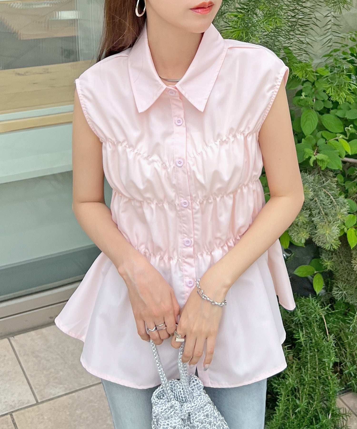 フューティアランド Futier Land フレンチスリーブシャーリングブラウス （ピンク） ピンク