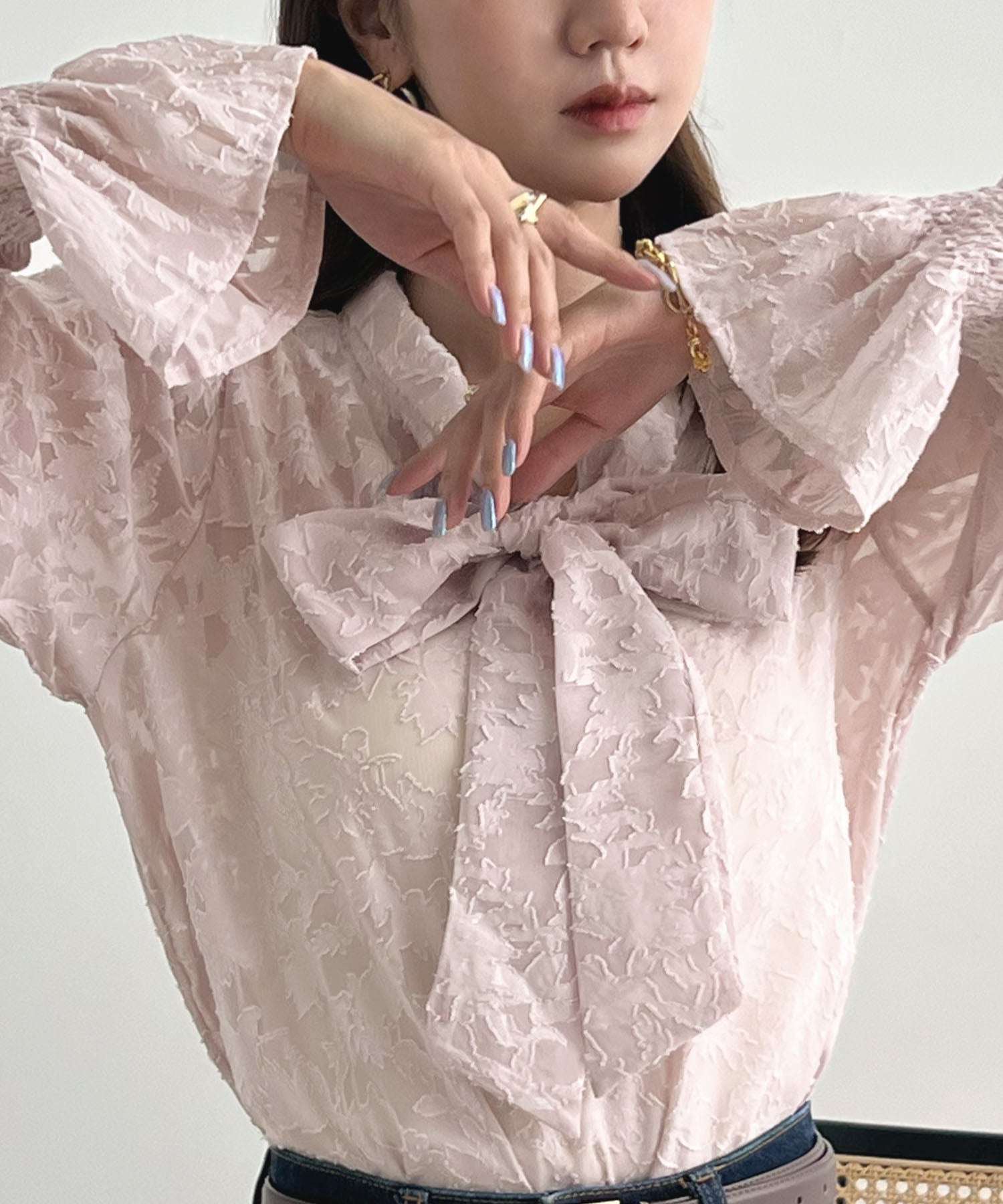 フューティアランド Futier Land ジャガードフラワーリボンシアーブラウス （ピンク） ピンク