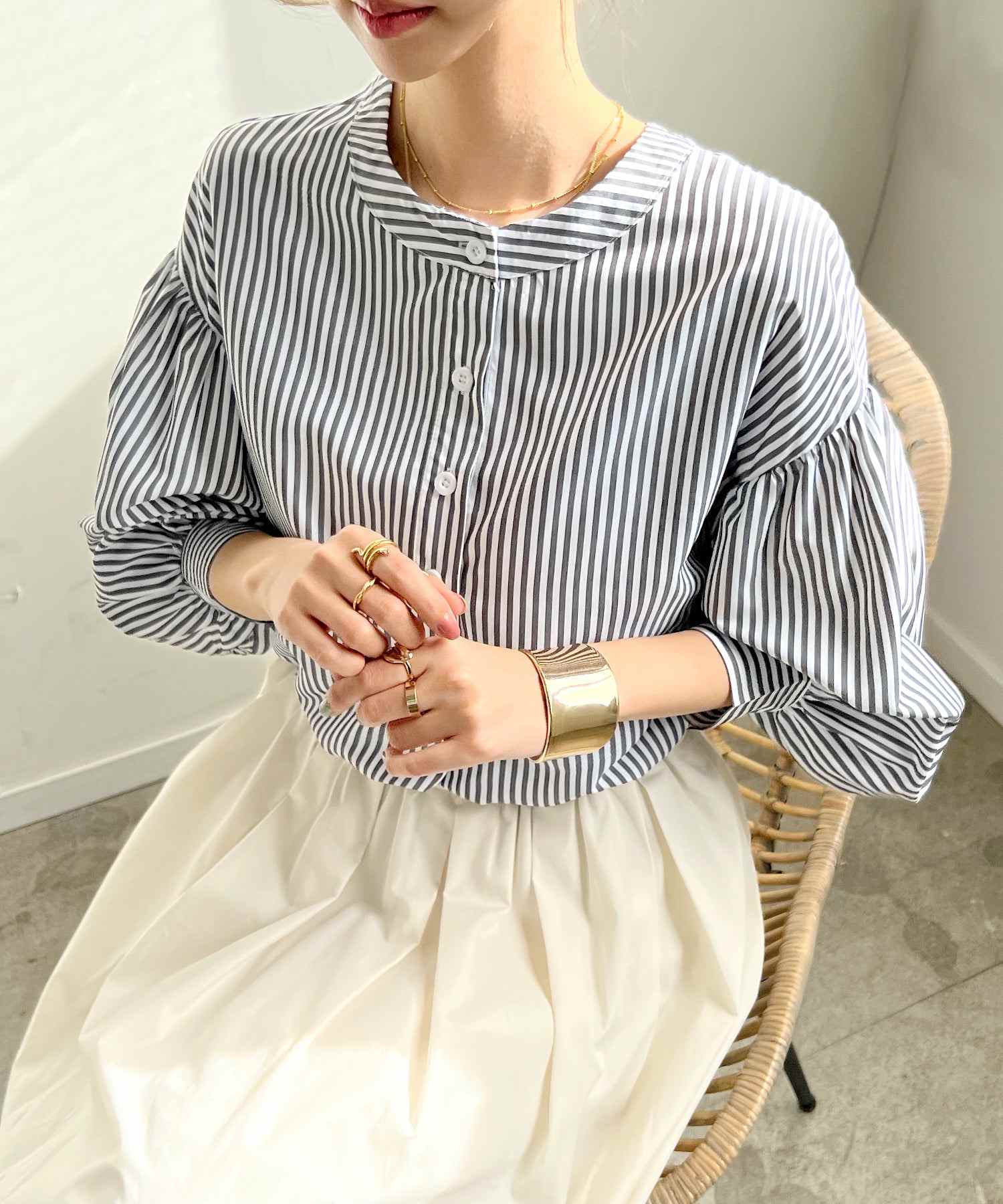 フューティアランド Futier Land ストライプ柄バルーンスリーブバンドカラーブラウス