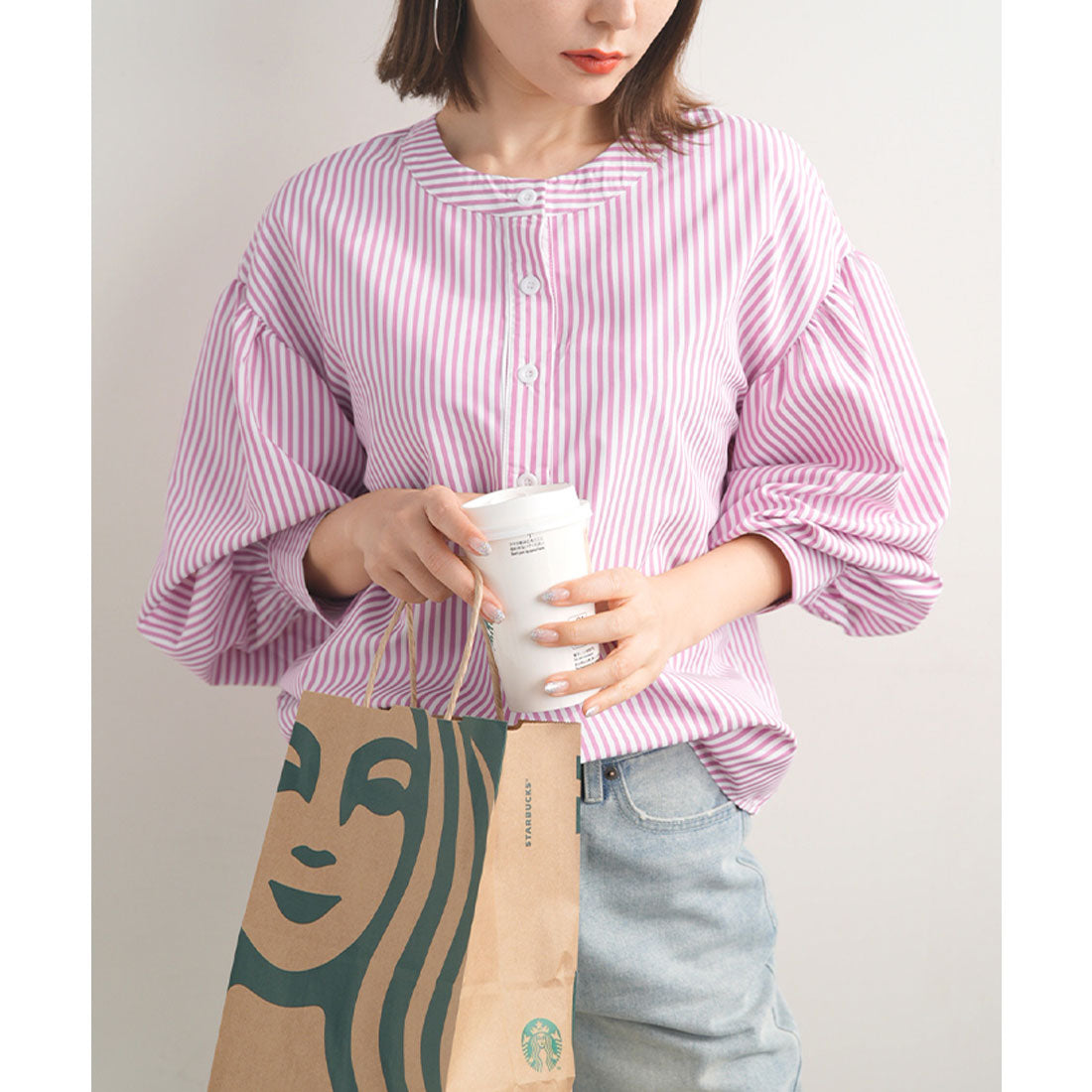 フューティアランド Futier Land ストライプ柄バルーンスリーブバンドカラーブラウス,ピンク