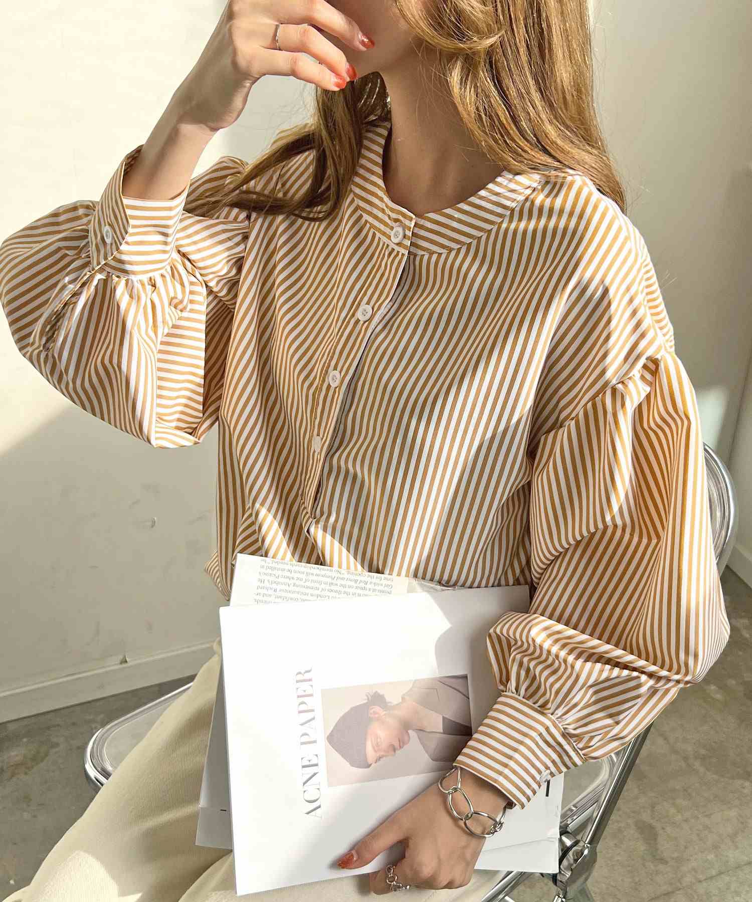 フューティアランド Futier Land ストライプ柄バルーンスリーブバンドカラーブラウス,イエロー