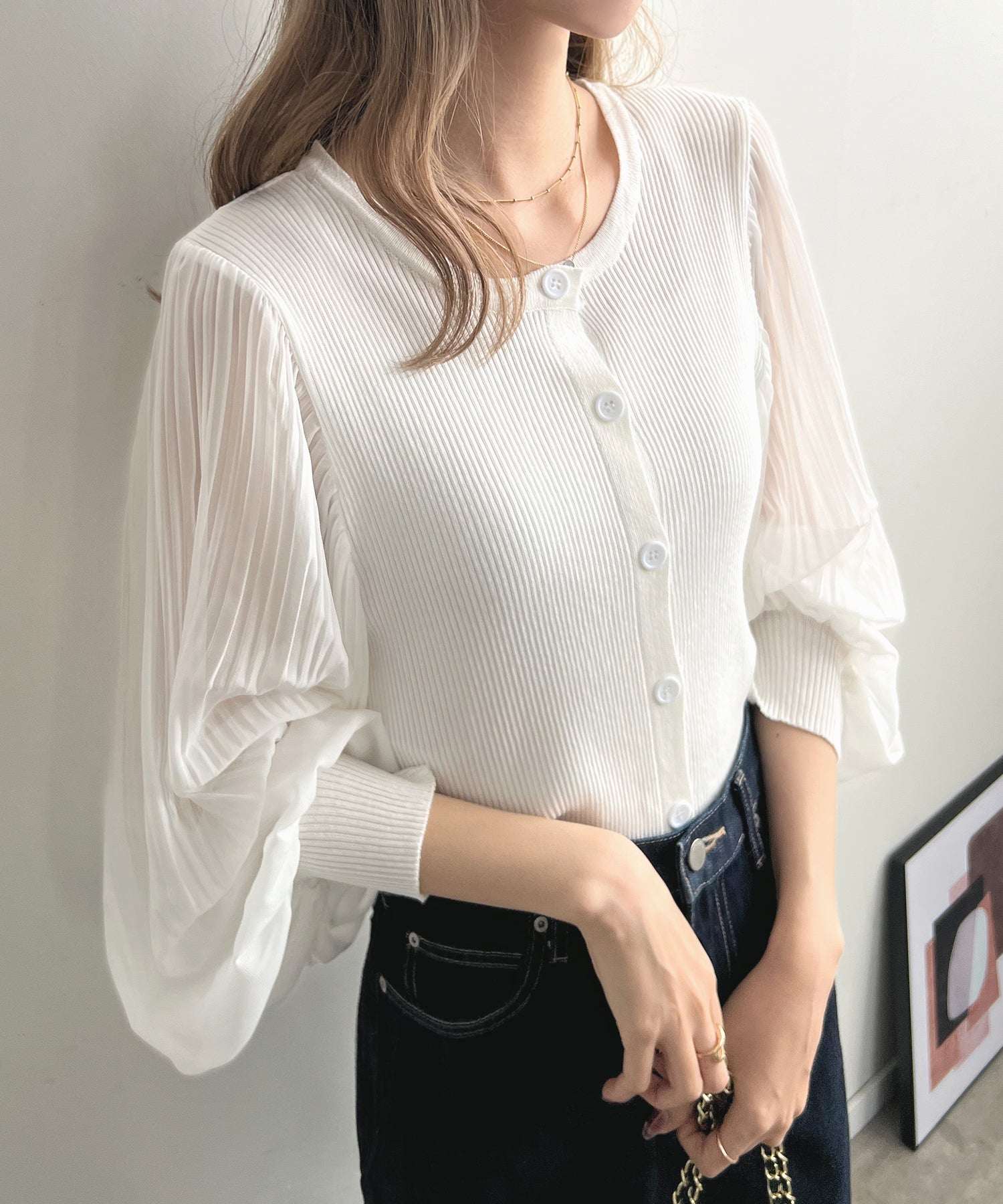 Futier Land Sheer Balloon Sleeve V-Neck Cardigan