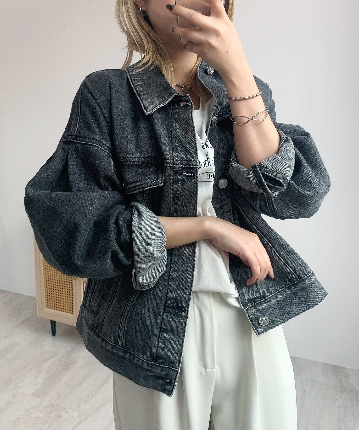 Futier Land Balloon Sleeve Denim Jacket