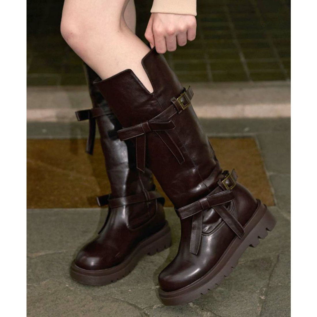 フィント F i.n.t ダブルリボンベルトロングブーツ （BROWN） BROWN