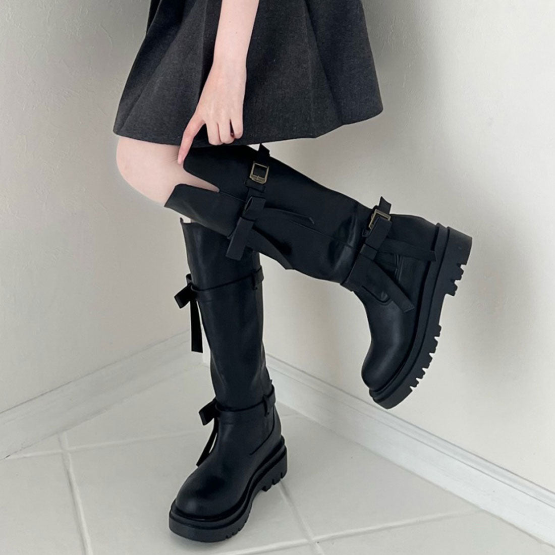 フィント F i.n.t ダブルリボンベルトロングブーツ （BLACK） BLACK