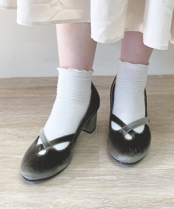 【an another angelus】クロスストラップベロアパンプス,KHAKI