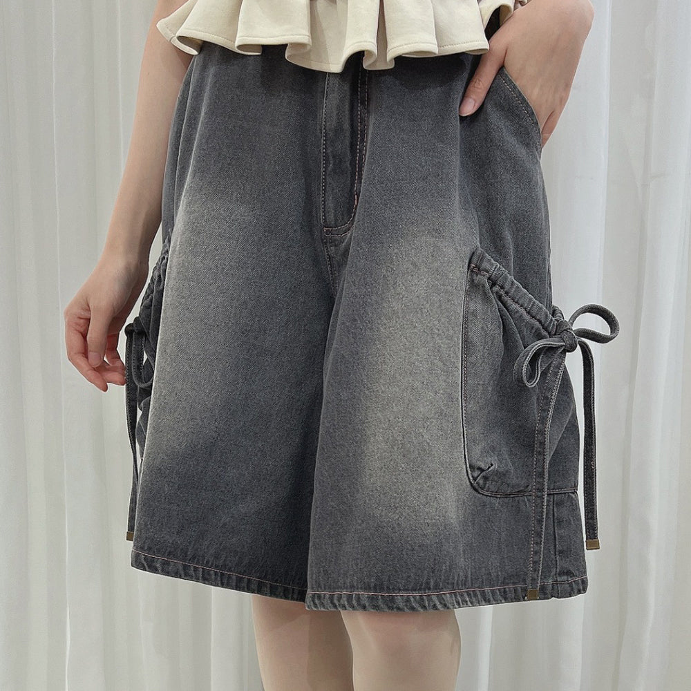 フィント F i.n.t 【洗える】ドロストリボンデニムハーフパンツ（GRAY） GRAY