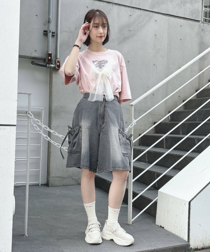 フィント F i.n.t 【洗える】ドロストリボンデニムハーフパンツ（GRAY） GRAY