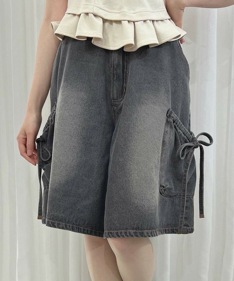 フィント F i.n.t 【洗える】ドロストリボンデニムハーフパンツ（GRAY） GRAY