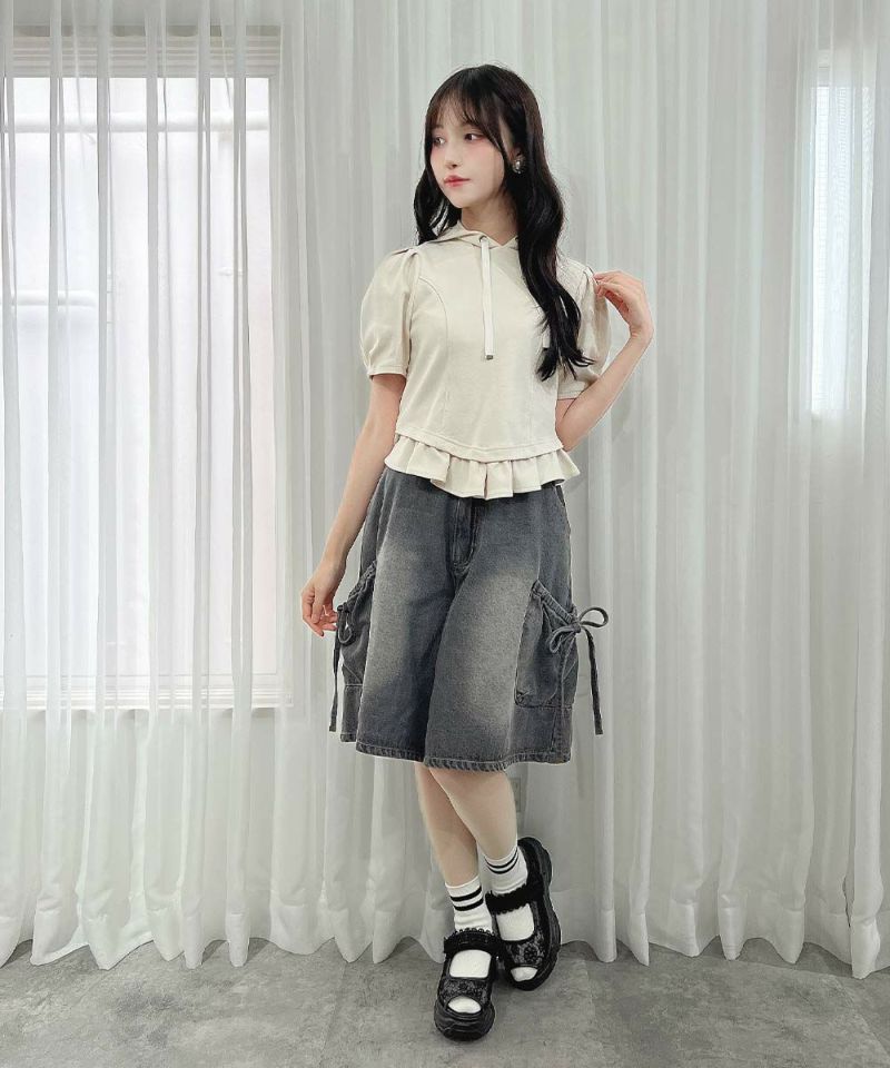 フィント F i.n.t 【洗える】ドロストリボンデニムハーフパンツ（GRAY） GRAY