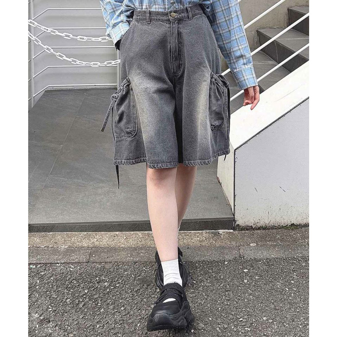 フィント F i.n.t 【洗える】ドロストリボンデニムハーフパンツ（GRAY） GRAY