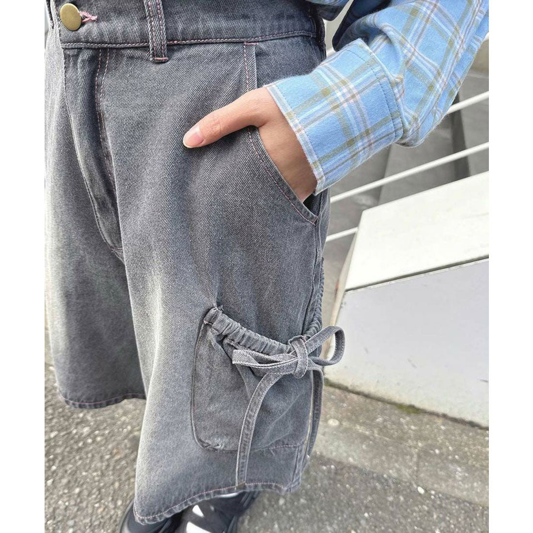 フィント F i.n.t 【洗える】ドロストリボンデニムハーフパンツ（GRAY） GRAY