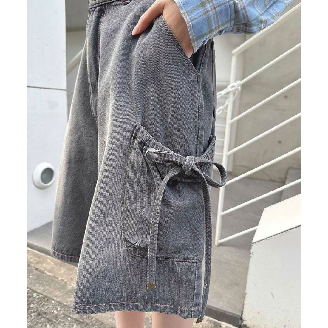 フィント F i.n.t 【洗える】ドロストリボンデニムハーフパンツ（GRAY） GRAY