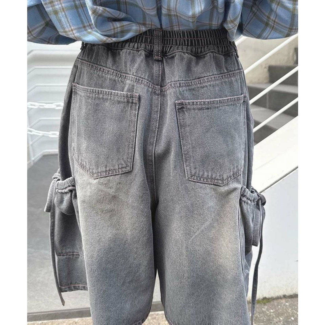 フィント F i.n.t 【洗える】ドロストリボンデニムハーフパンツ（GRAY） GRAY