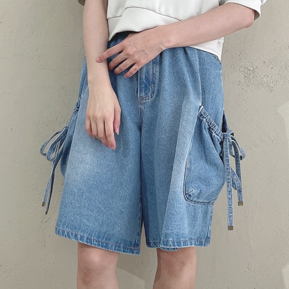 フィント F i.n.t 【洗える】ドロストリボンデニムハーフパンツ（L/BLUE） L/BLUE