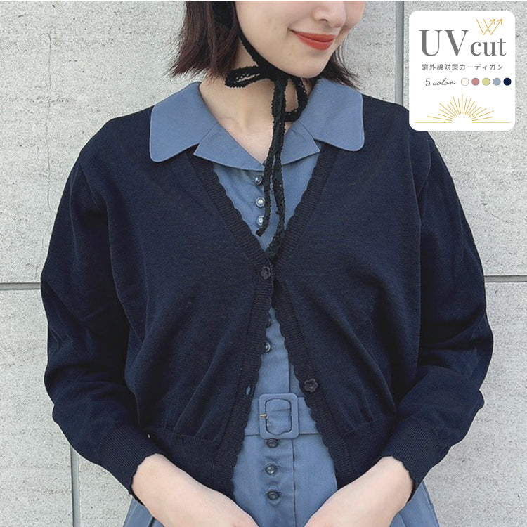 フィント F i.n.t 【洗える/洗濯機洗い可/UV加工/5色展開】シアーフラワー釦UVカットニットカーディガン/F&A （OFF WHITE） NAVY
