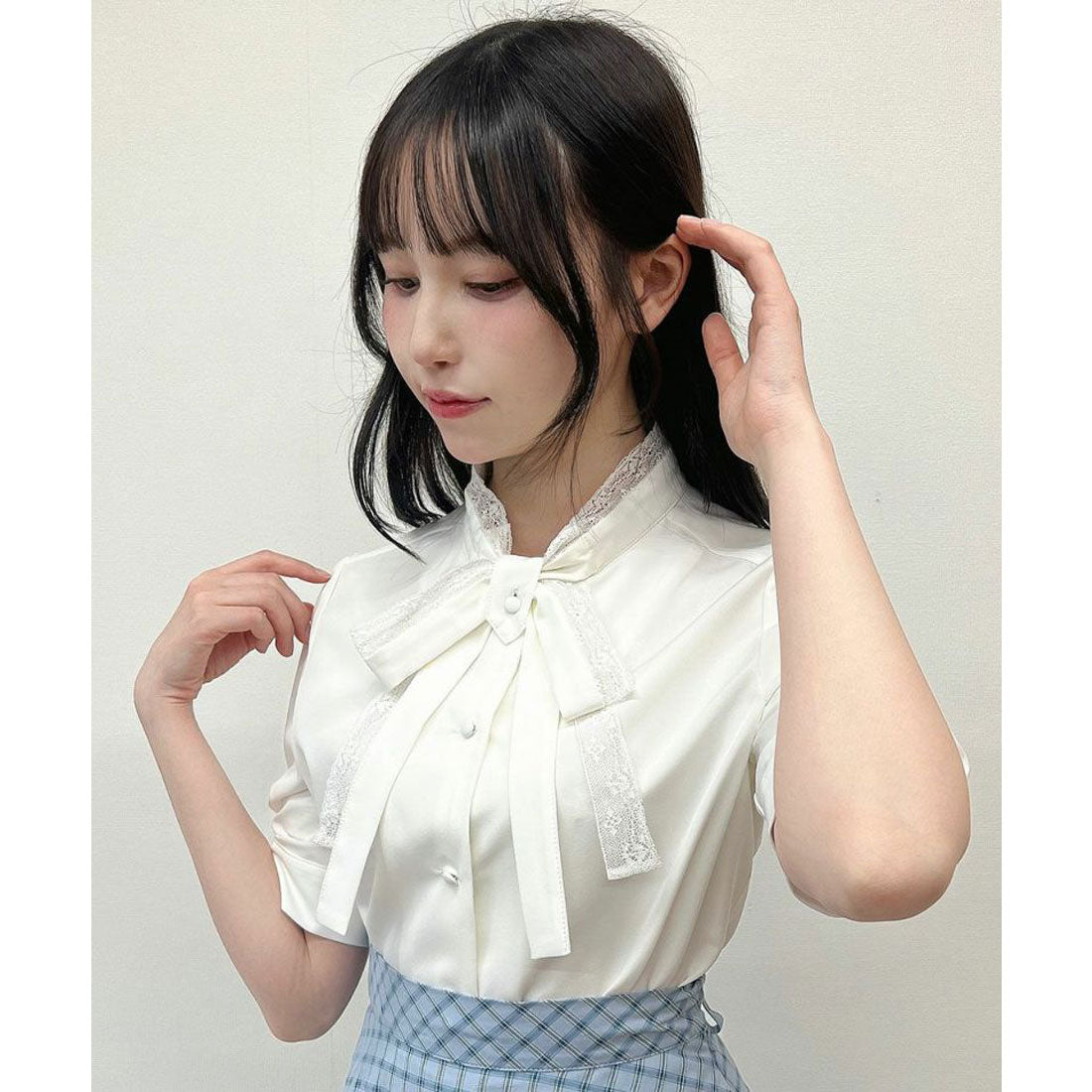 フィント F i.n.t レース レイヤード ボウタイ 5分袖 ブラウス【洗える】 （OFF WHITE） OFF WHITE