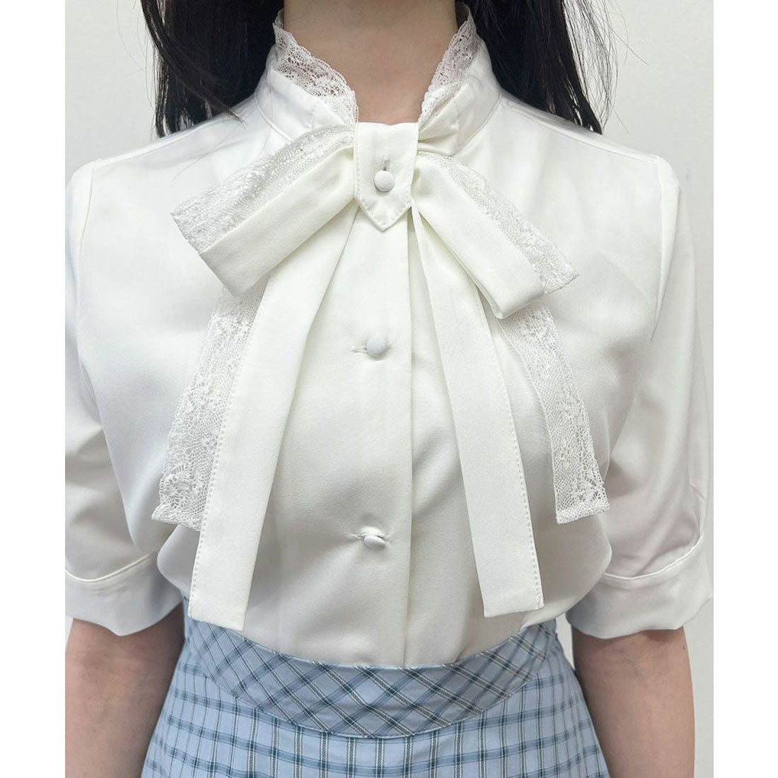 フィント F i.n.t レース レイヤード ボウタイ 5分袖 ブラウス【洗える】 （OFF WHITE） OFF WHITE