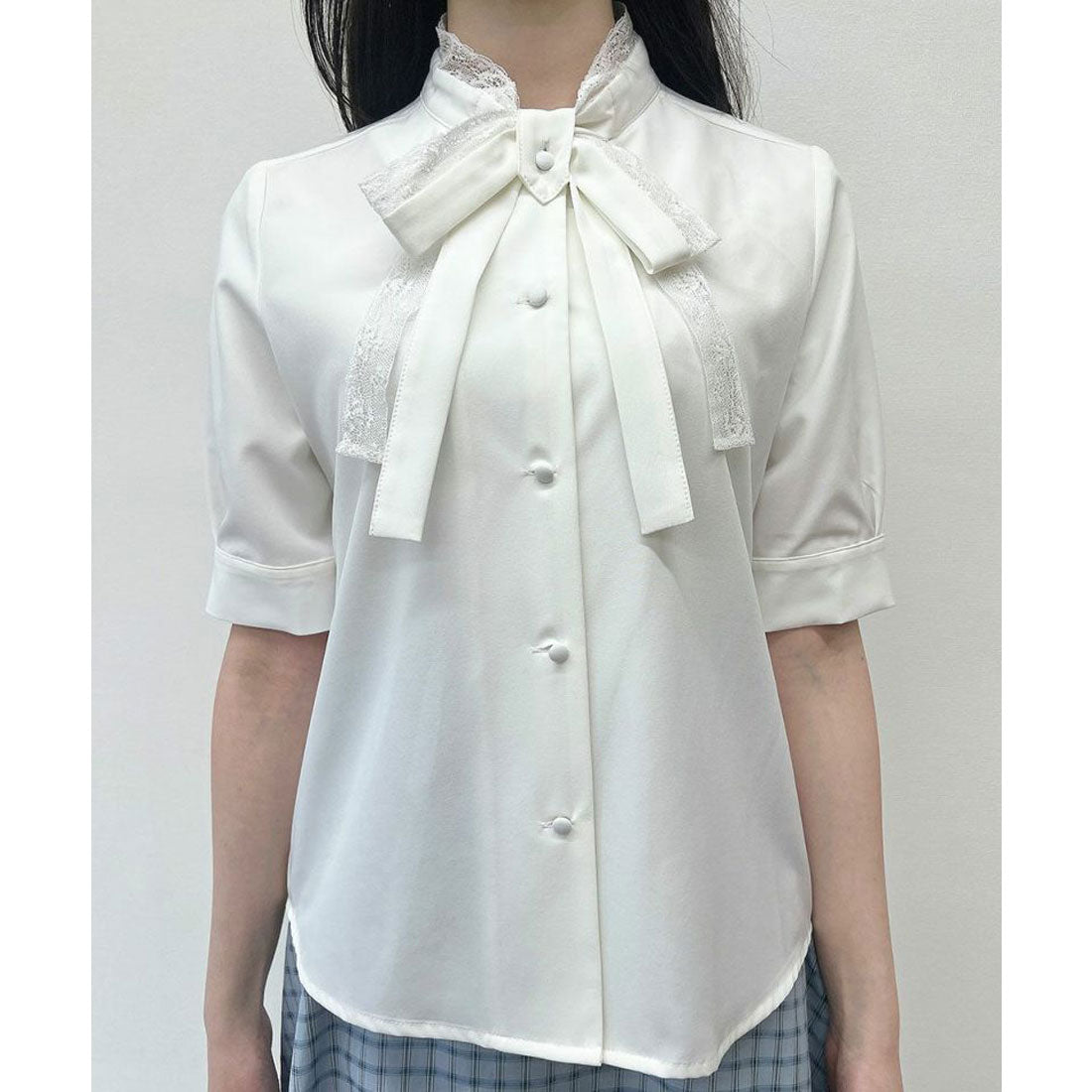 フィント F i.n.t レース レイヤード ボウタイ 5分袖 ブラウス【洗える】 （OFF WHITE） OFF WHITE