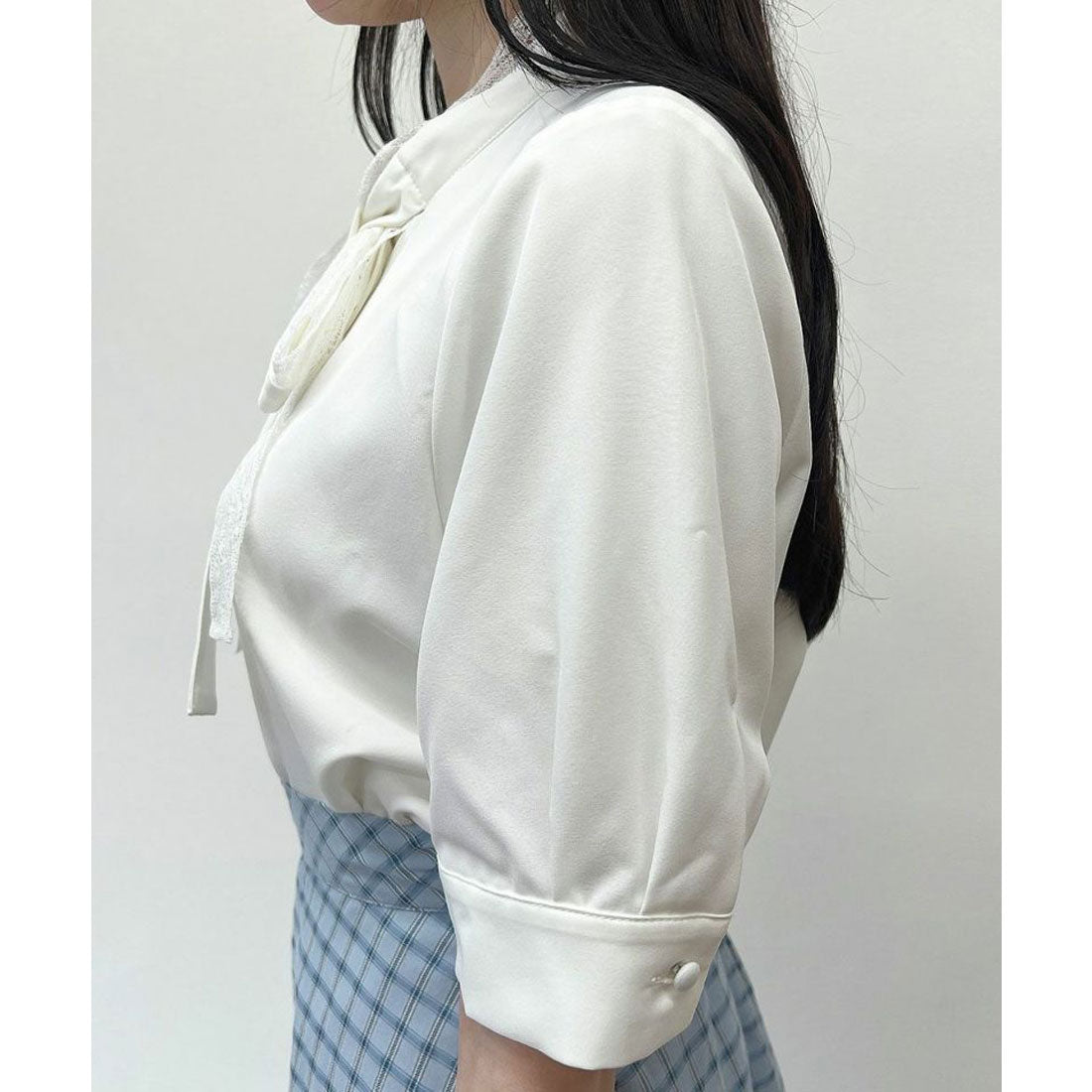 フィント F i.n.t レース レイヤード ボウタイ 5分袖 ブラウス【洗える】 （OFF WHITE） OFF WHITE