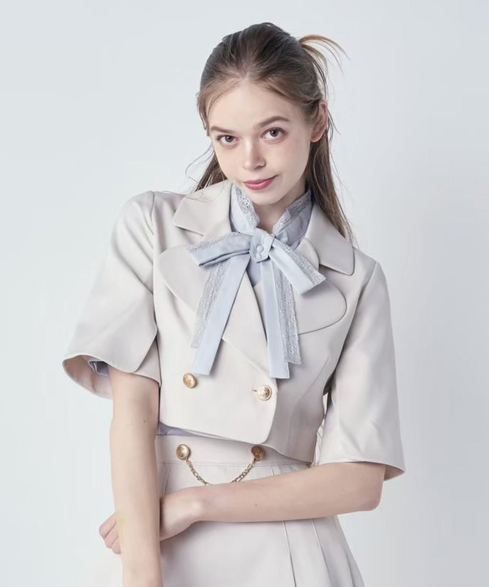 フィント F i.n.t レース レイヤード ボウタイ 5分袖 ブラウス【洗える】 （BLUE GRAY） BLUE GRAY