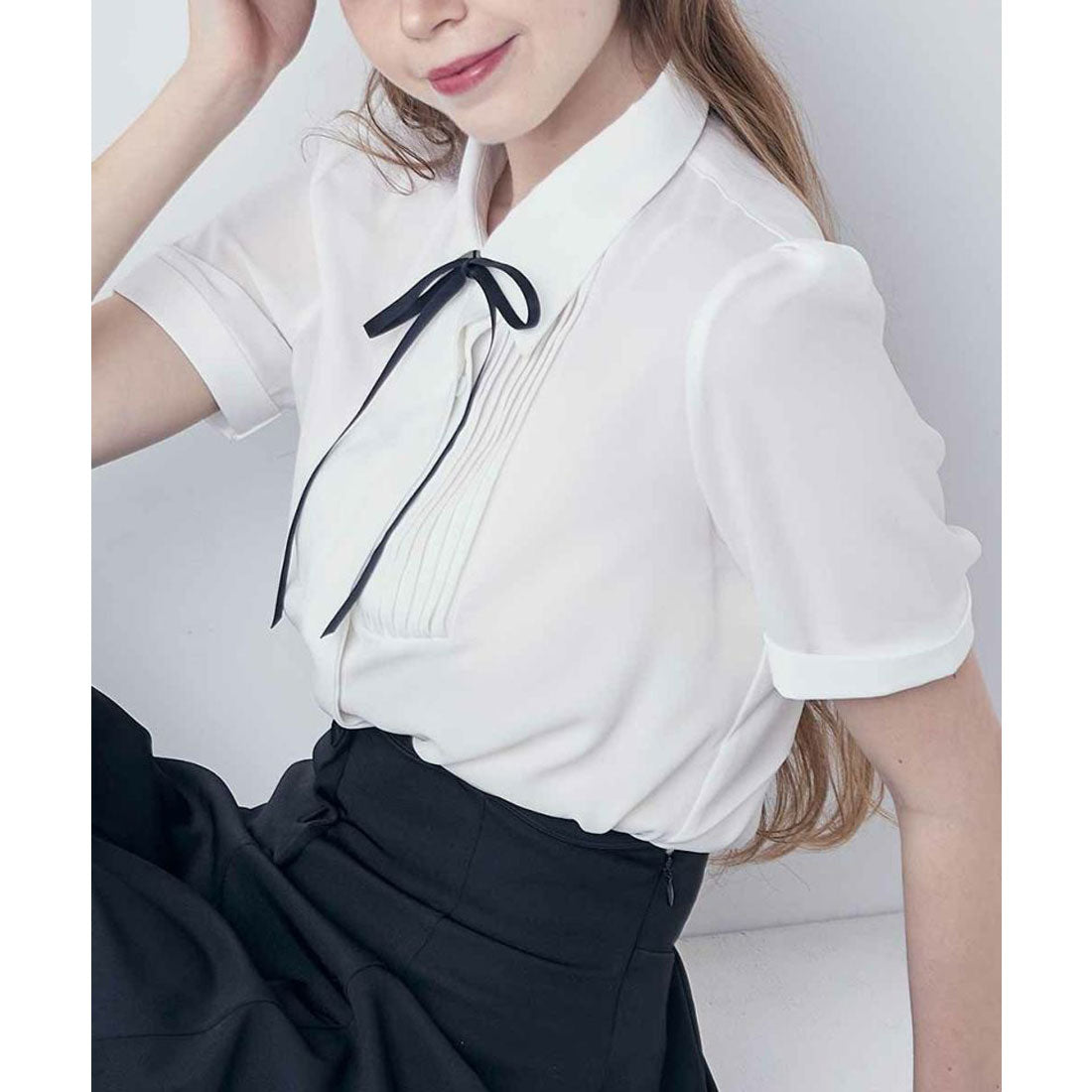 フィント F i.n.t ピンタックヨークリボン付きシャツ【洗える】 （OFF×BK） OFF×BK