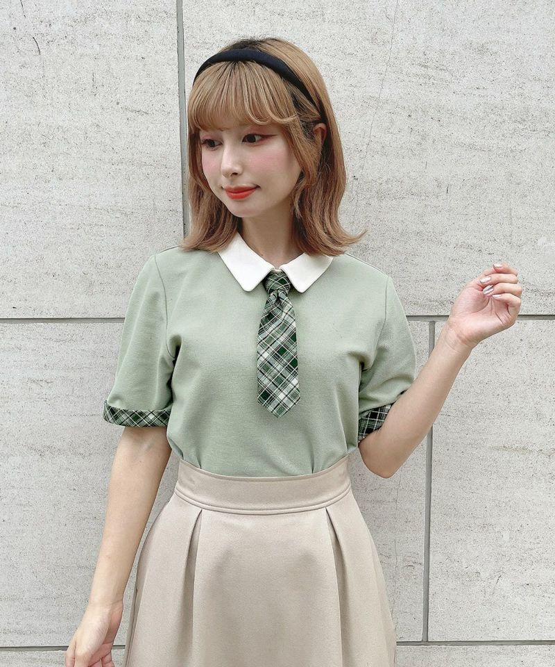 フィント F i.n.t 【洗える/吸水速乾】チェックネクタイ付きクレリックポロシャツ （MINT×YE） MINT