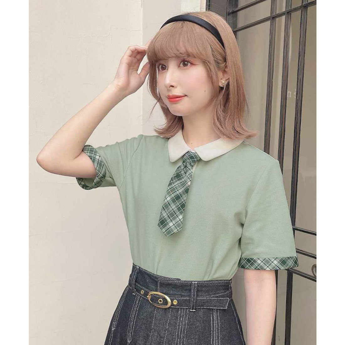 フィント F i.n.t 【洗える/吸水速乾】チェックネクタイ付きクレリックポロシャツ （MINT×YE） MINT