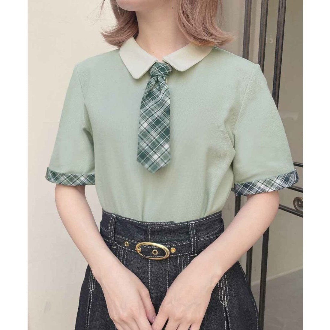 フィント F i.n.t 【洗える/吸水速乾】チェックネクタイ付きクレリックポロシャツ （MINT×YE） MINT