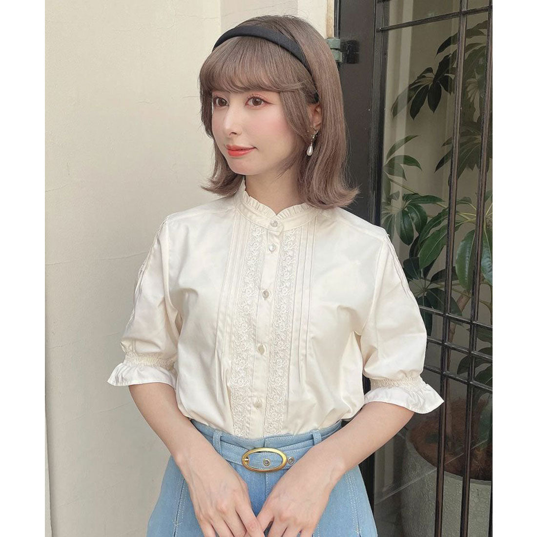 フィント F i.n.t レースピンタック使い半袖ブラウス【洗える】 （L/BEIGE） L/BEIGE