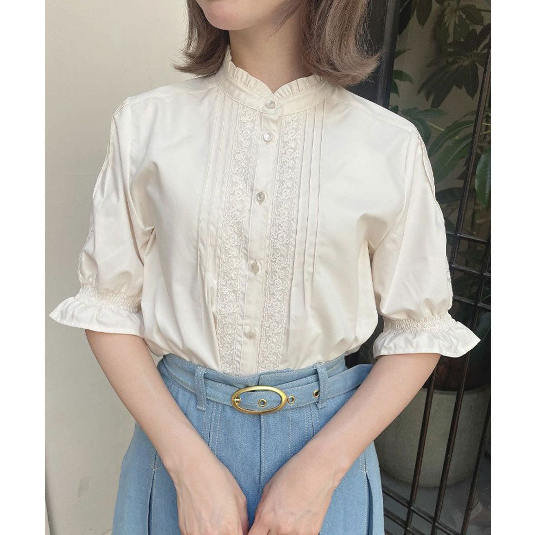 フィント F i.n.t レースピンタック使い半袖ブラウス【洗える】 （L/BEIGE） L/BEIGE