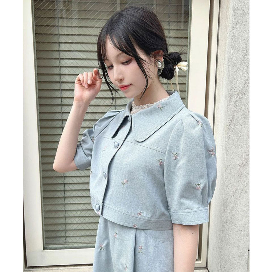 フィント F i.n.t 【洗える】小花刺繍ショートシャツジャケット （BLUE GRAY） BLUE GRAY