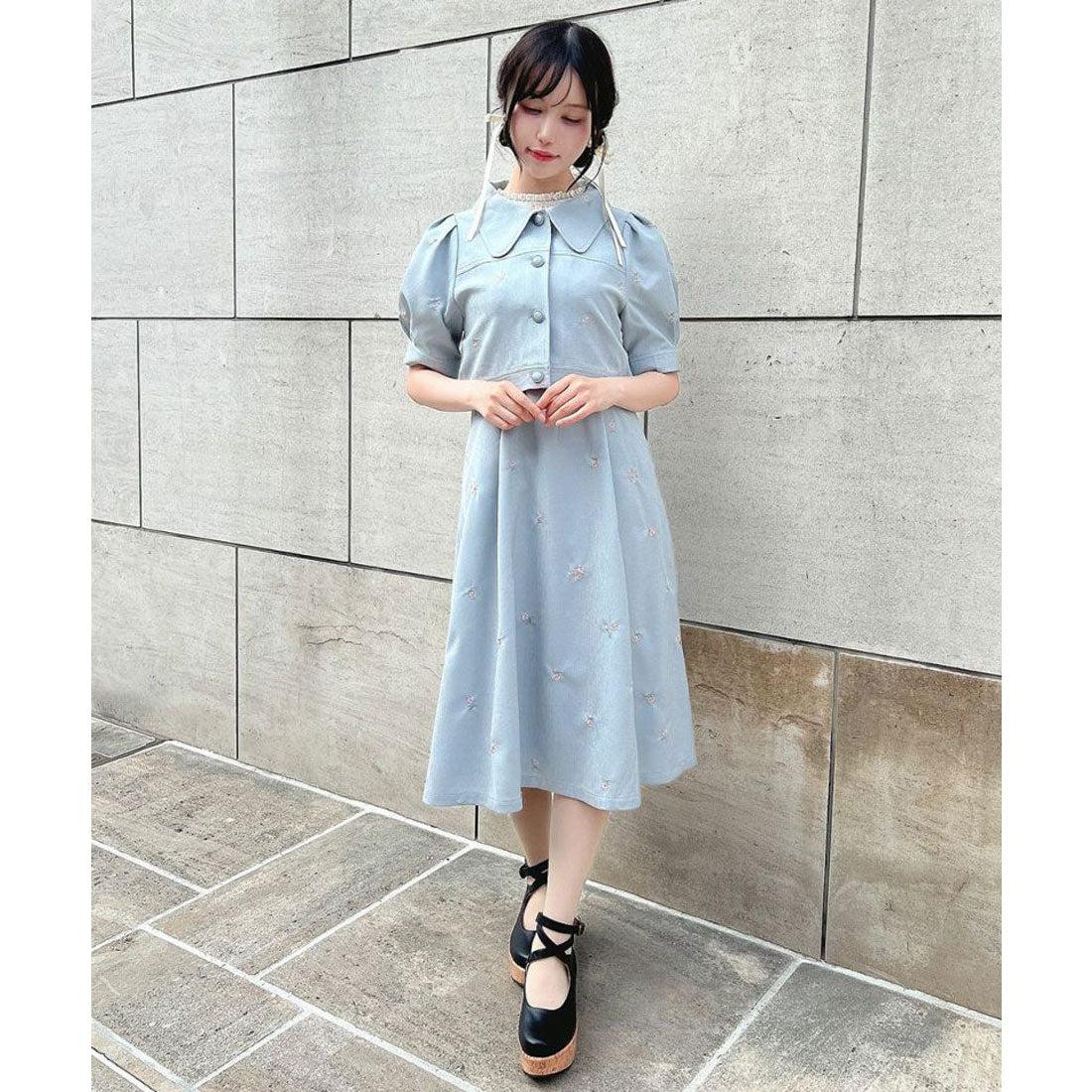 フィント F i.n.t 【洗える】小花刺繍ショートシャツジャケット （BLUE GRAY） BLUE GRAY