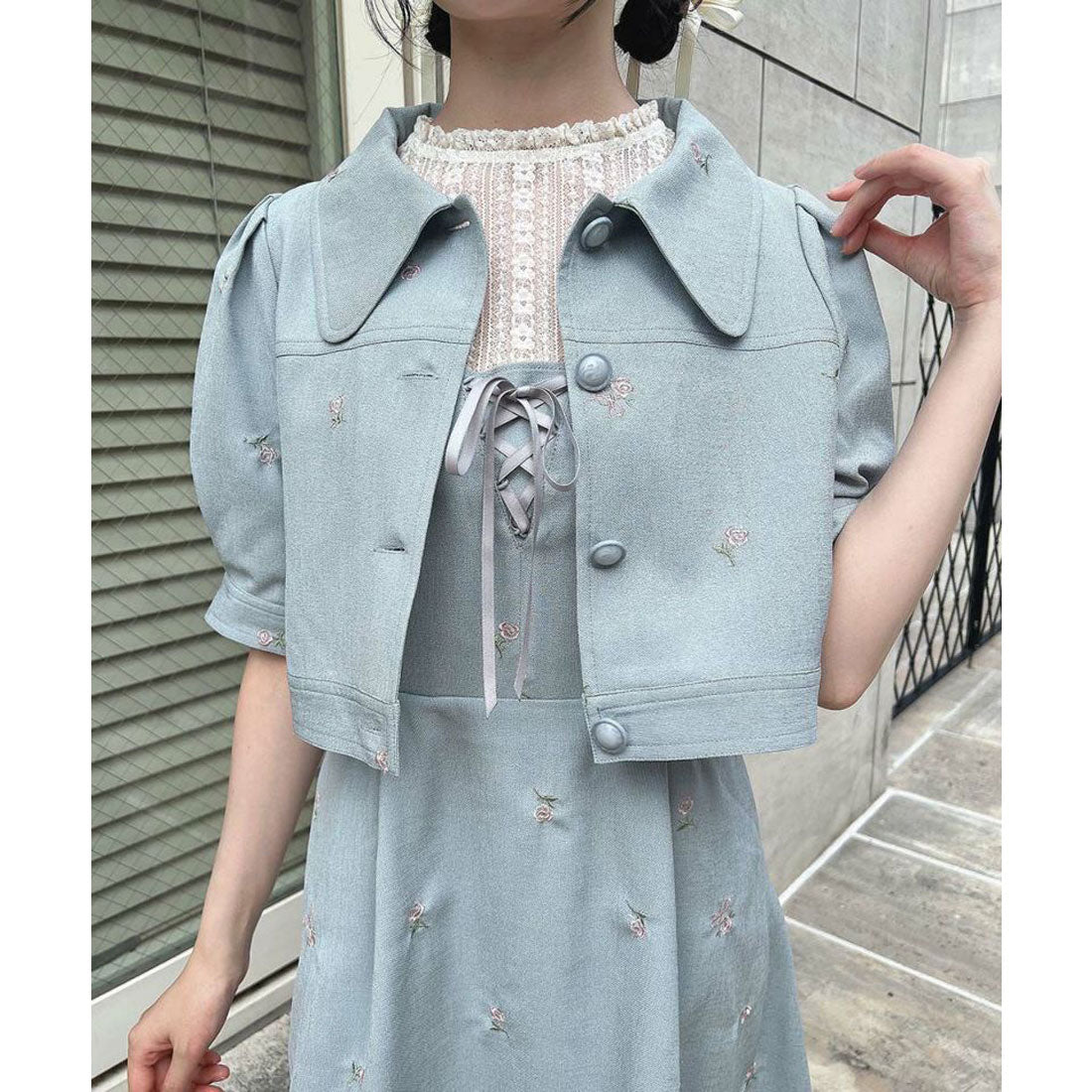 フィント F i.n.t 【洗える】小花刺繍ショートシャツジャケット （BLUE GRAY） BLUE GRAY