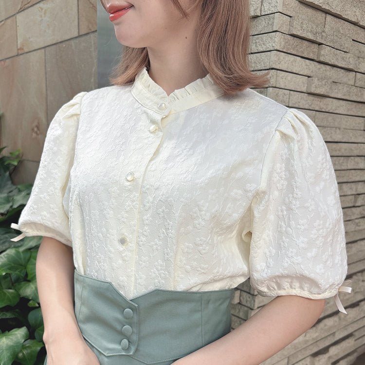 フィント F i.n.t 【洗える】袖口プチリボンジャガードブラウス （IVORY） IVORY