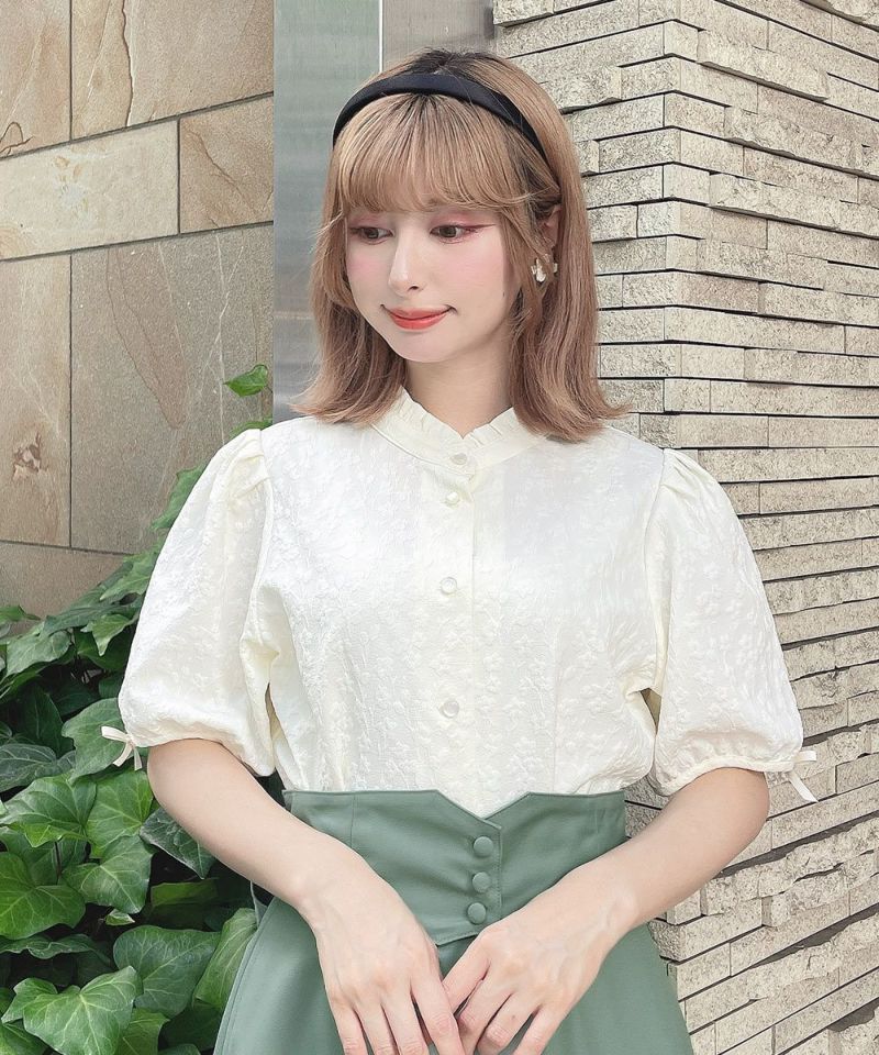 フィント F i.n.t 【洗える】袖口プチリボンジャガードブラウス （IVORY） IVORY