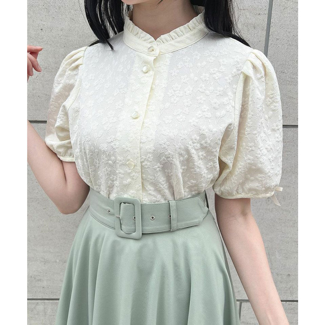 フィント F i.n.t 【洗える】袖口プチリボンジャガードブラウス （IVORY） IVORY