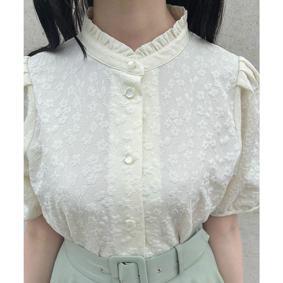 フィント F i.n.t 【洗える】袖口プチリボンジャガードブラウス （IVORY） IVORY