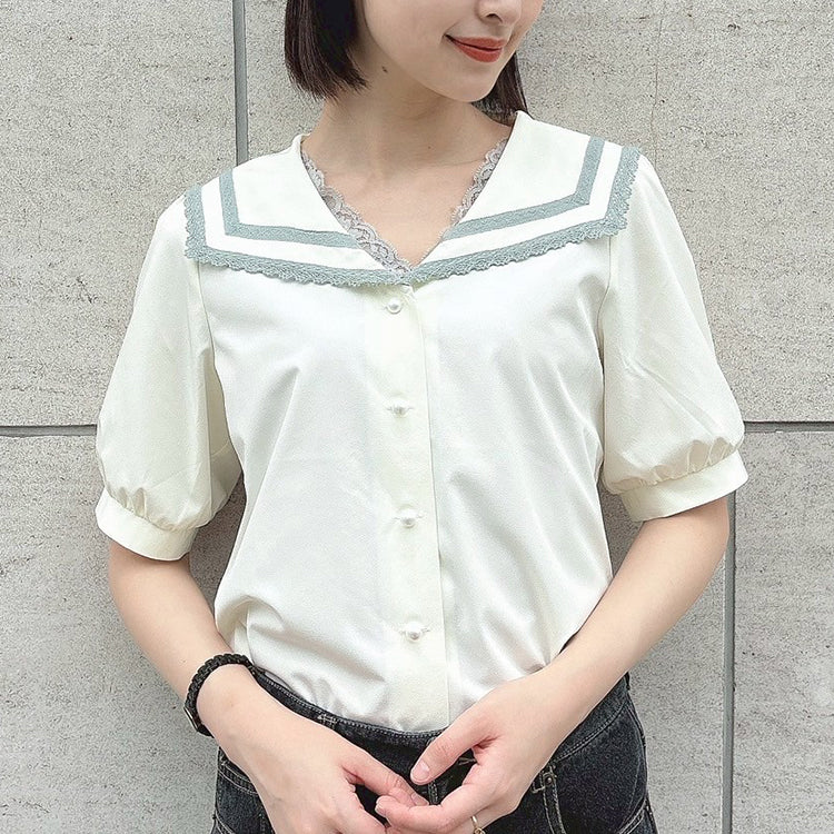 フィント F i.n.t 【洗える】レースライン使いセーラーブラウス （IVORY） IVORY